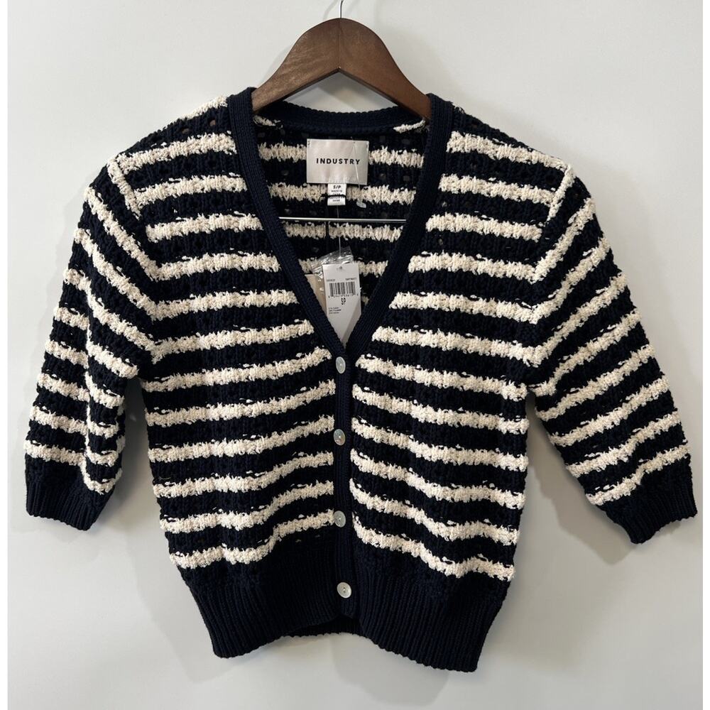 Womens Blue White Crochet Cardigan Sweater Striped Small Boho Academia Preppy